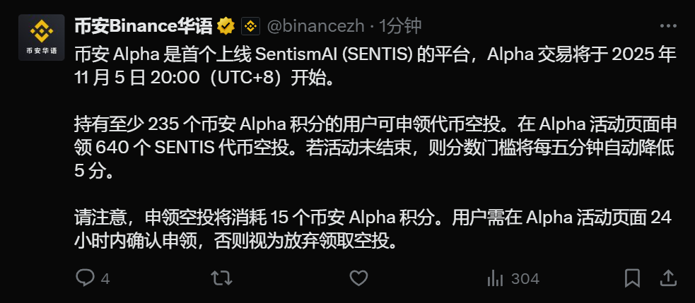 币安 Alpha：SentismAI (SENTIS) 空投申领门槛为 235 Alpha 积分