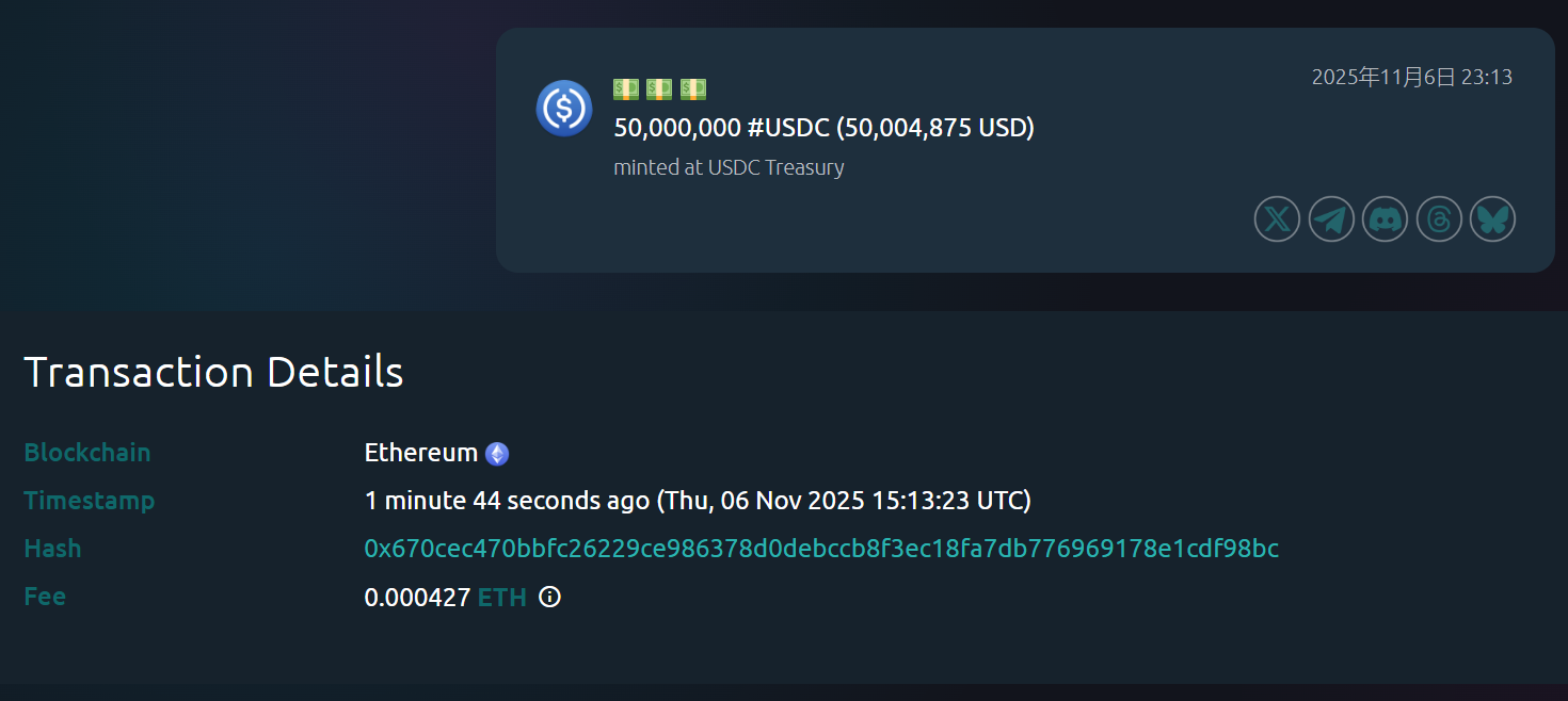 USDC Treasury 在以太坊链上新增铸造 5000 万枚 USDC