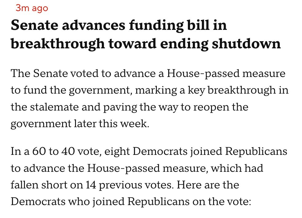 美国参议院正式通过新的持续拨款法案，赞成票60票