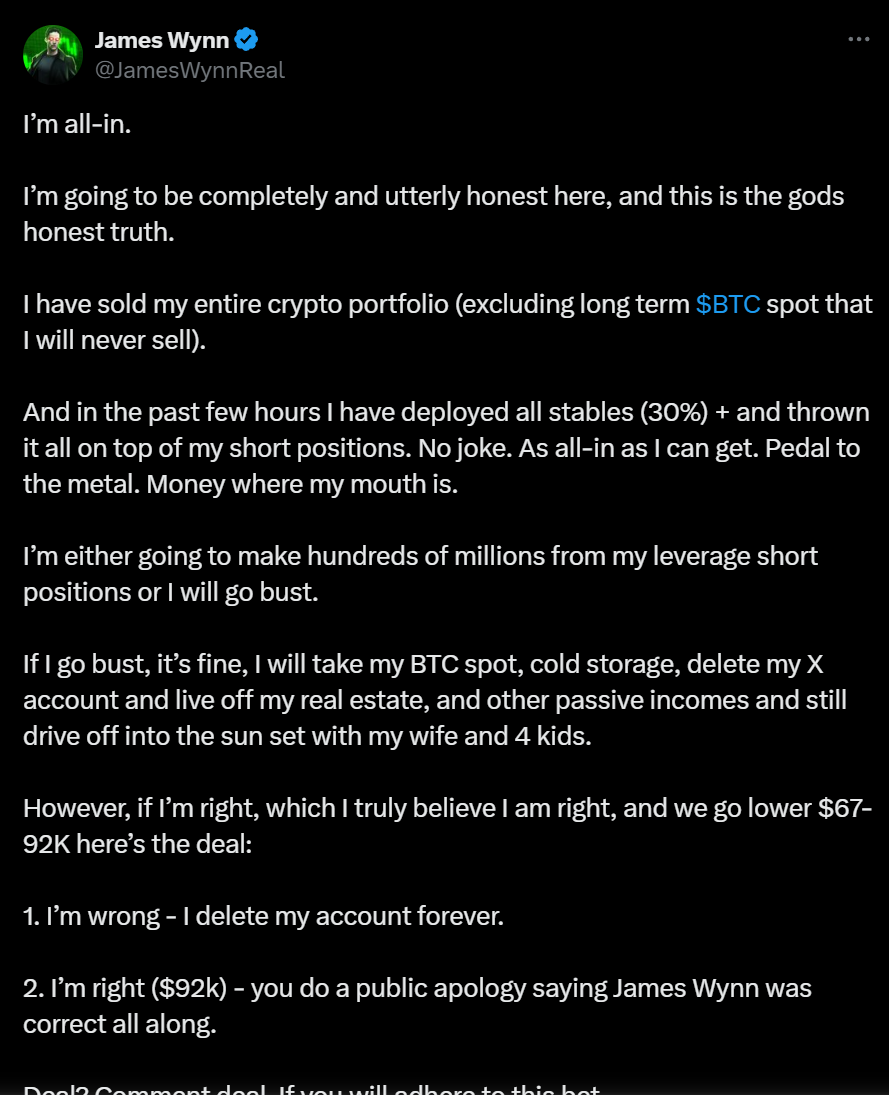 James Wynn：已全仓做空加密货币市场，预测比特币将跌至 6.7-9.2 万美元区间