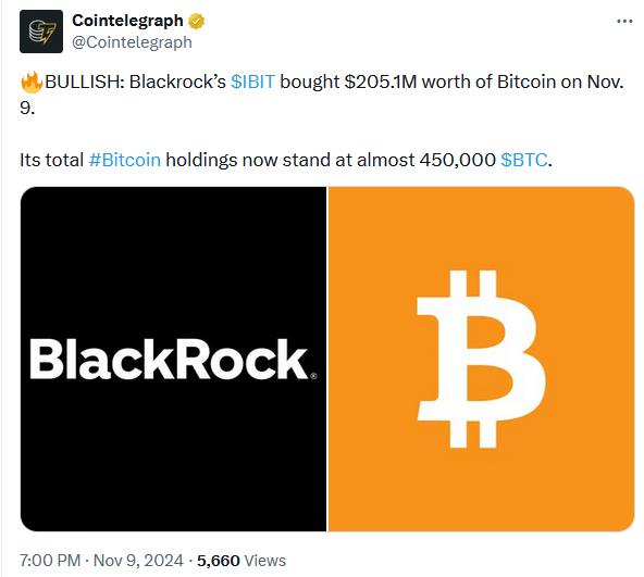 市场消息：比特币IBIT于11月9日买入价值2.051亿美元的BTC