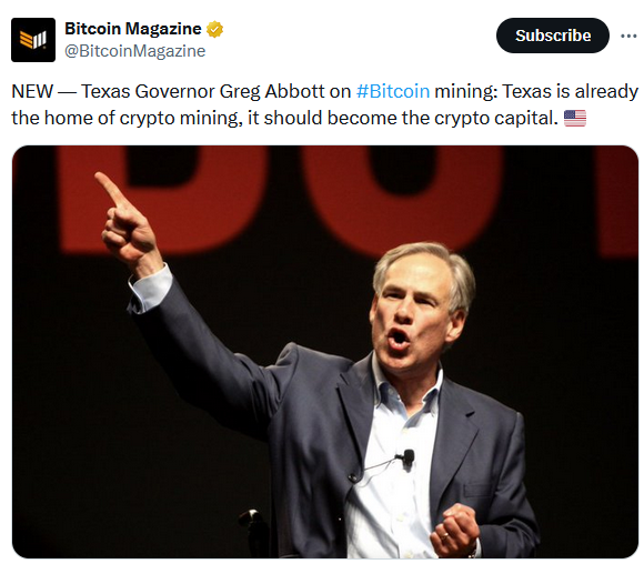 美国德州州长：德州已准备好成为“加密货币挖矿家园”