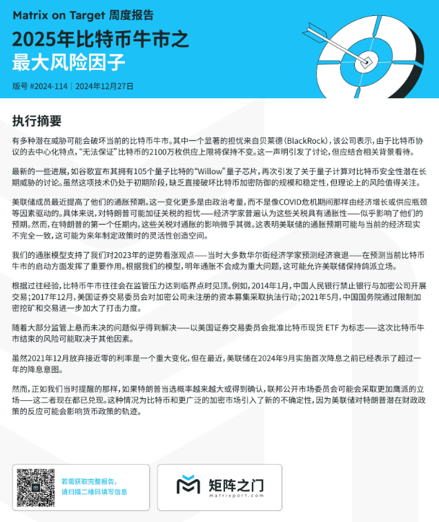 Matrixport:2025年比特币牛市可能面临多种潜在风险因素