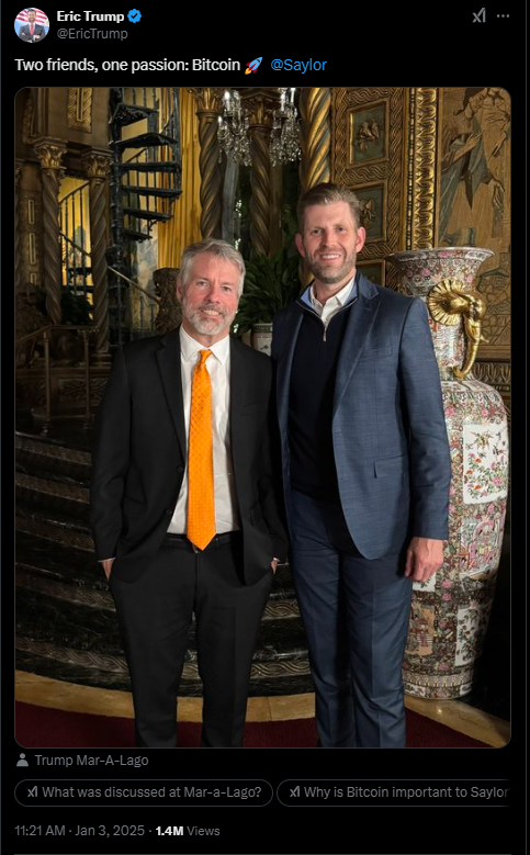 Eric Trump分享与Michael Saylor的会面，并称比特币是他们共同激情所在