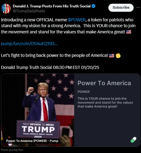 “美国总统特朗普宣布推出meme币POWER”系假消息