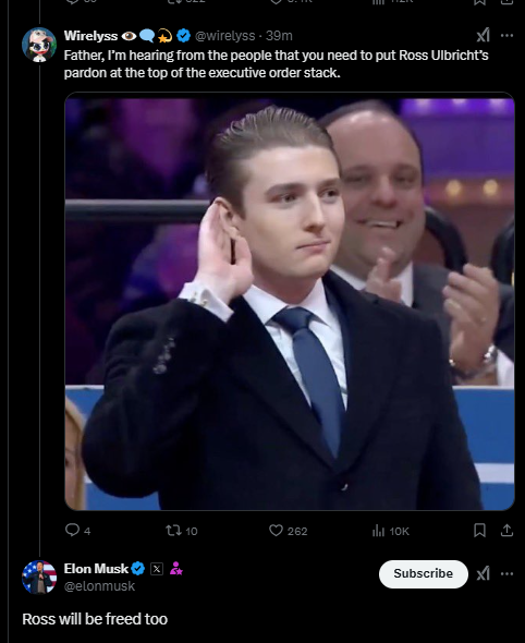 马斯克：丝绸之路创始人Ross Ulbricht将被释放