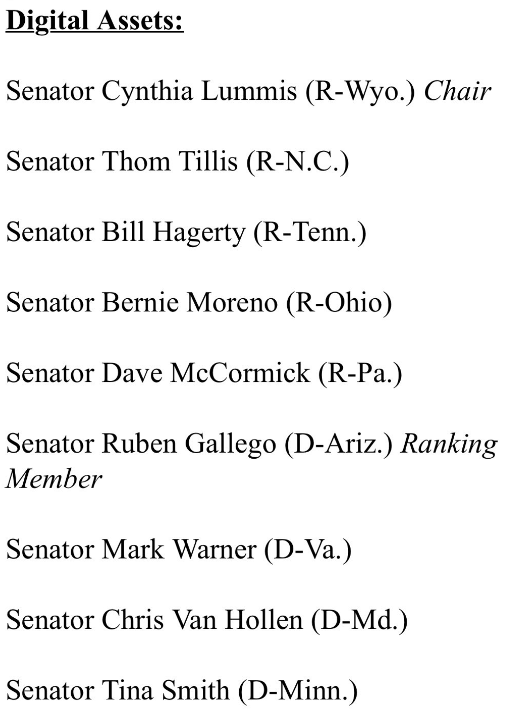 Eleanor Terrett公开参议院数字资产小组成员名单