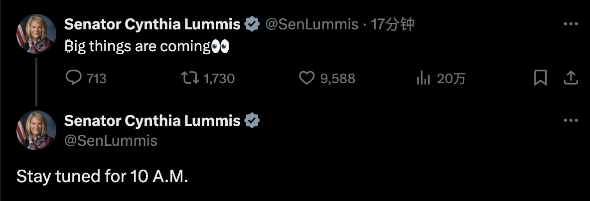 美国参议员Cynthia Lummis暗示重大消息即将公布