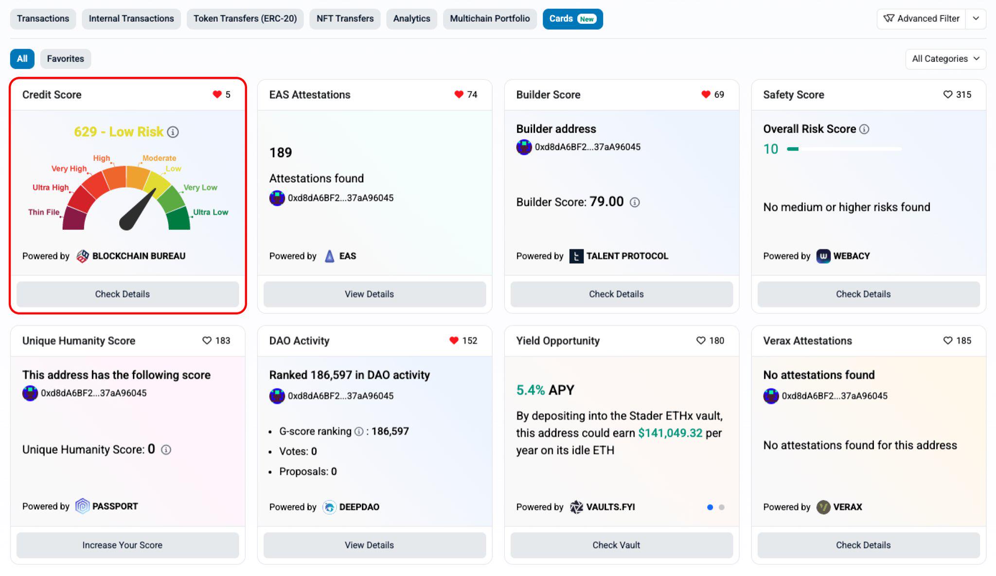 Etherscan新增Credit Score功能，可根据链上活动评估地址的信用风险