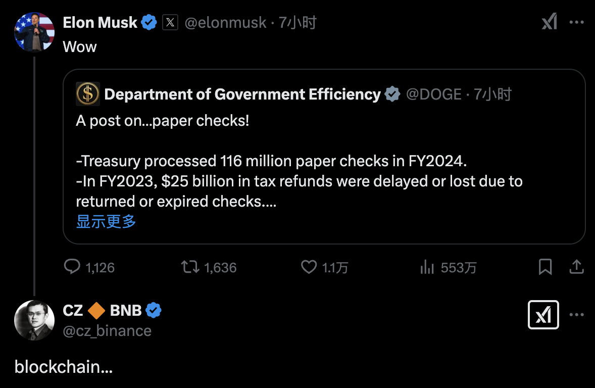 赵长鹏疑似向马斯克建议用区块链技术取代传统的纸质票据