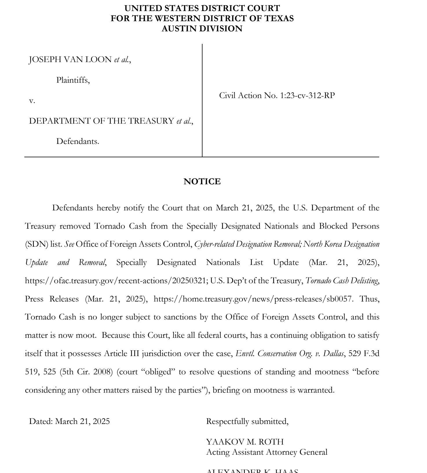 美国财政部：Tornado Cash诉讼案无需法院作出最终判决