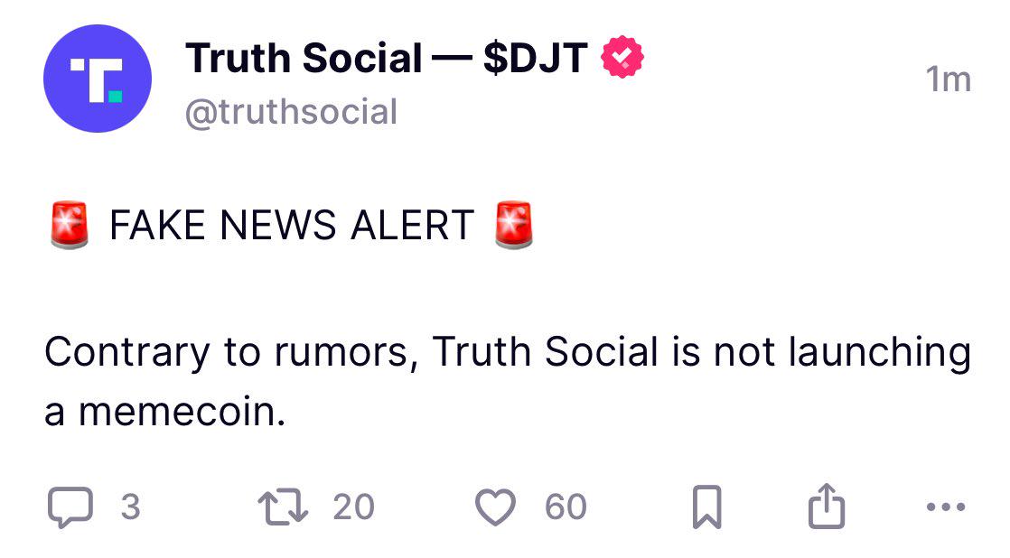 Truth Social否认有关推出新Meme币的谣言