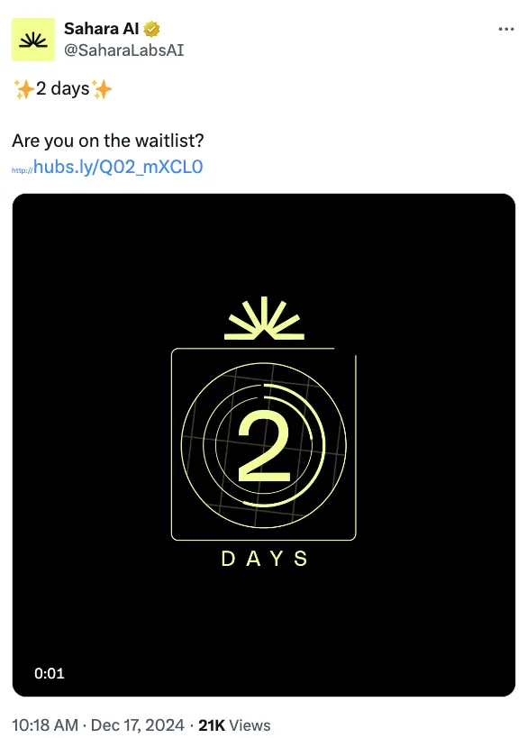 Sahara AI 或将于 12 月 19 日公布重要消息