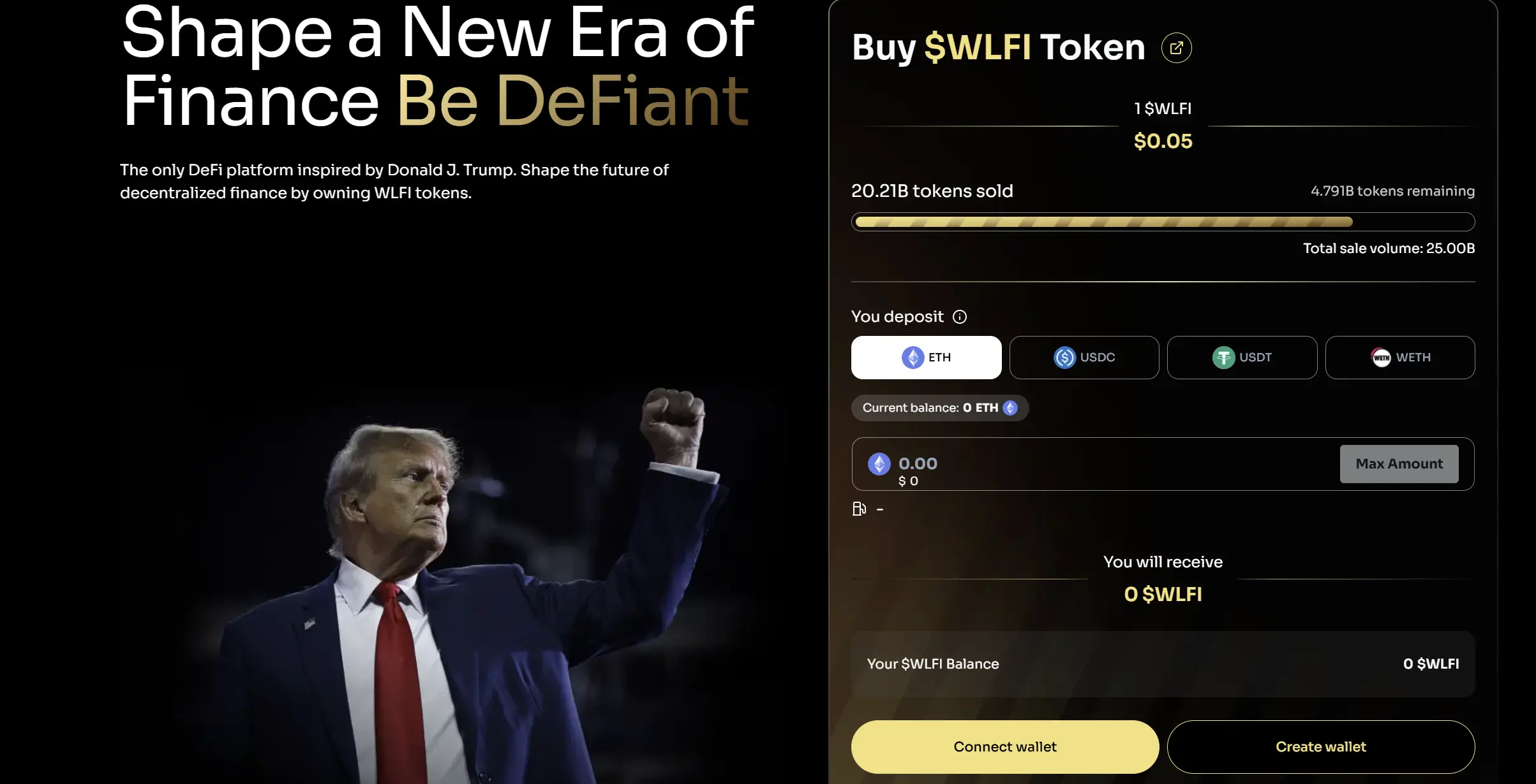 特朗普加密项目 WLFI 新增 5% 供应售价涨至 0.05 美元，销售进度已完成 80%