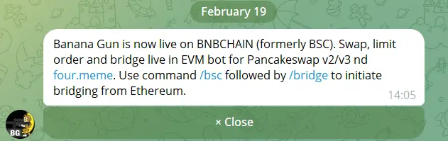 Banana Gun：已支持 BNB Chain 上交易、挂单等功能