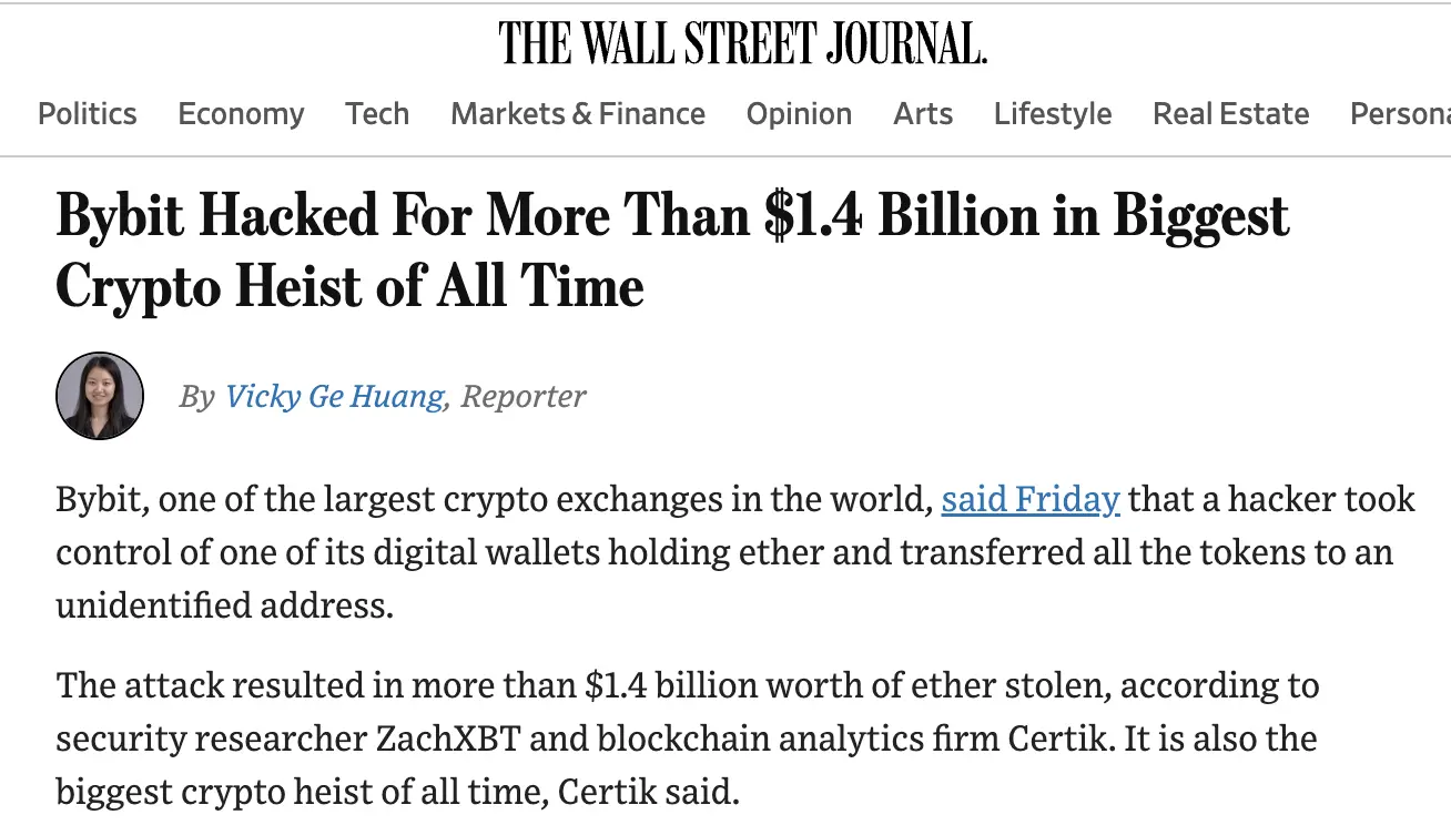 华尔街日报：Bybit 事件为加密史上最大盗窃案