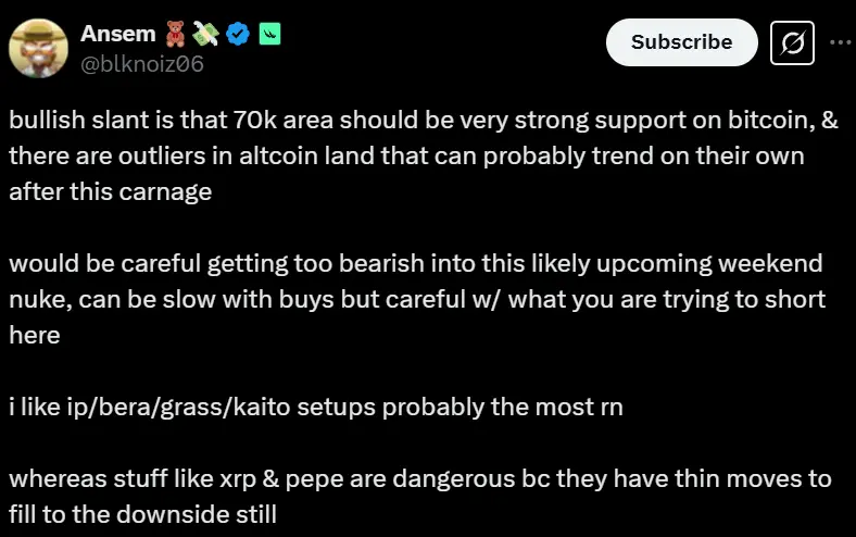 加密 KOL Ansem：比特币在 7 万美元拥有支撑，山寨币或将走出独立行情