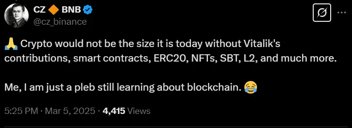 赵长鹏：Vitalik 是加密行业基石，自己仍是区块链学习者