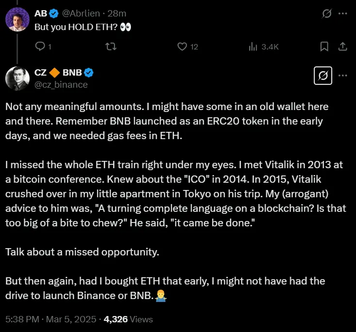 赵长鹏:错过了整趟“ETH 列车”,但或许促成了币安与 BNB