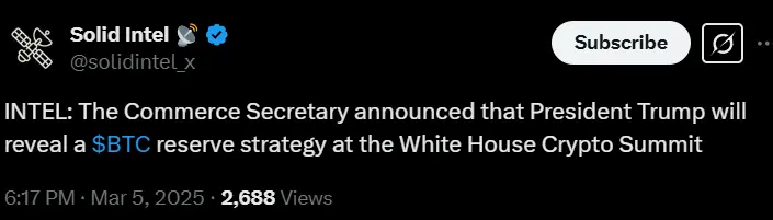 美国商务部长：特朗普将在白宫加密峰会公布 BTC 储备战略