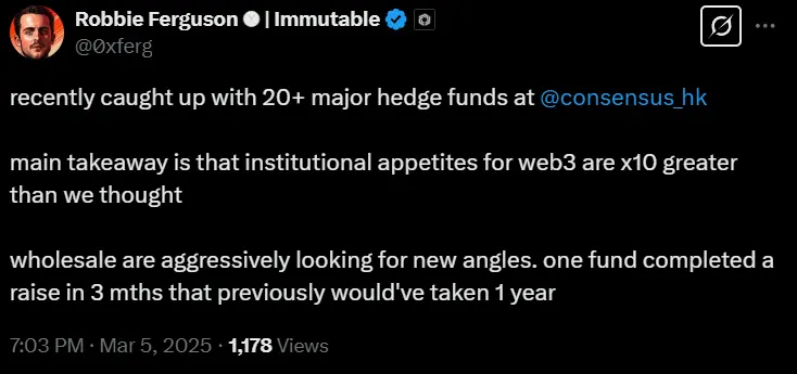 Immutable 联创：机构投资者对 Web3 的兴趣是预期的 10 倍，大型机构正积极寻找新的投资角度