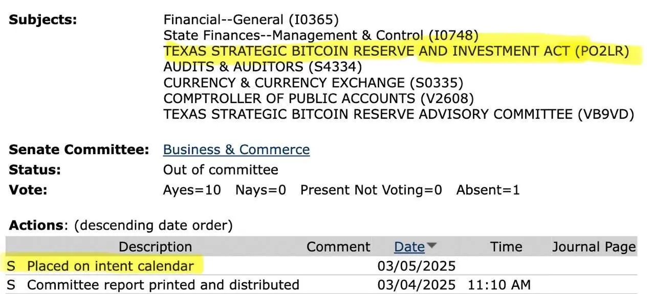 德克萨斯州比特币战略储备和投资法案已被列入参议院意向日历