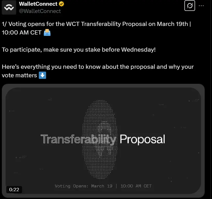 WalletConnect 代币 WCT 可转让性投票将于 3 月 19 日开始
