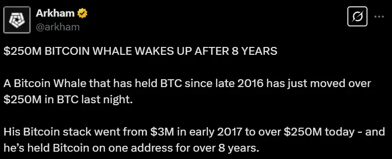 数据：某巨鲸在休眠 8 年多后昨夜转移价值超 2.5 亿美元的比特币
