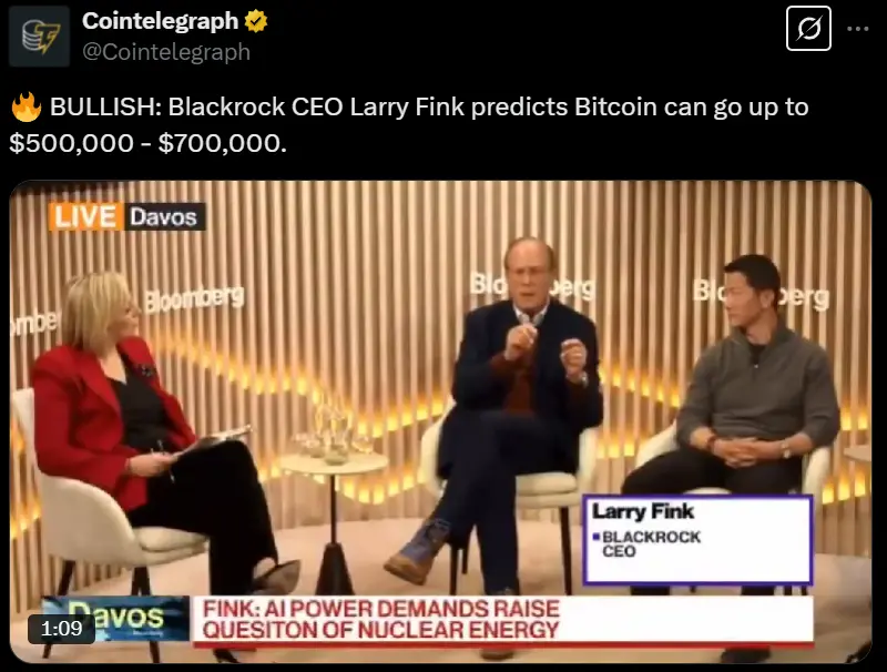 贝莱德 CEO：比特币价格预计可涨至 50 至 70 万美元