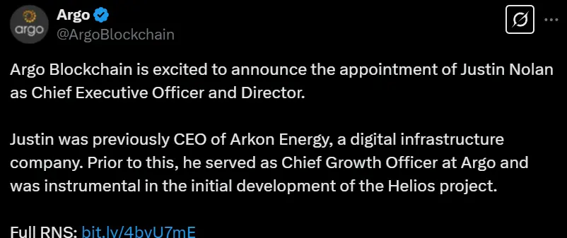 比特币矿企 Argo 任命 Justin Nolan 为首席执行官