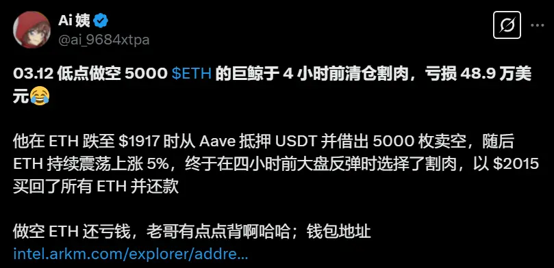 数据：某低位做空 ETH 的巨鲸今日“割肉”，亏损近 48.9 万美元