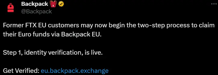 Backpack 完成对 FTX EU 收购，于今日启动用户资金返还流程
