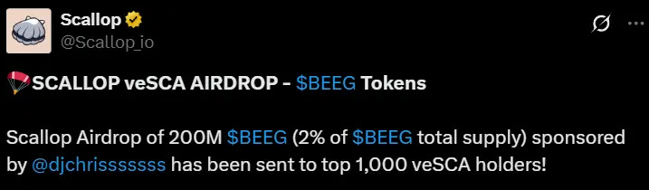 Scallop 向 veSCA 持有者空投 2 亿枚 BEEG 代币