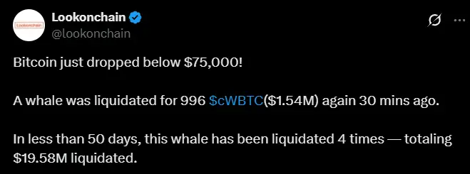 数据：某鲸鱼再次被清算 996 枚 cWBTC
