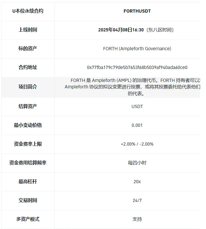 币安将上线 FORTH USDT 永续合约