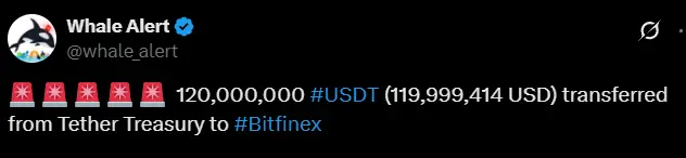 数据：1.2 亿枚 USDT 从 Tether Treasury 转至 Bitfinex