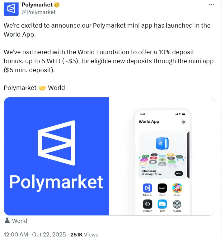 Polymarket Mini App 已在 World App 上线