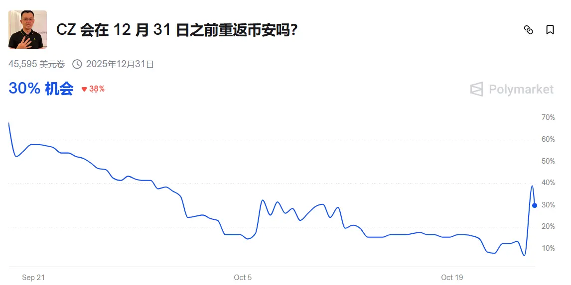 Polymarket 上“CZ 在 12 月 31 日前回归币安”概率升至 30%